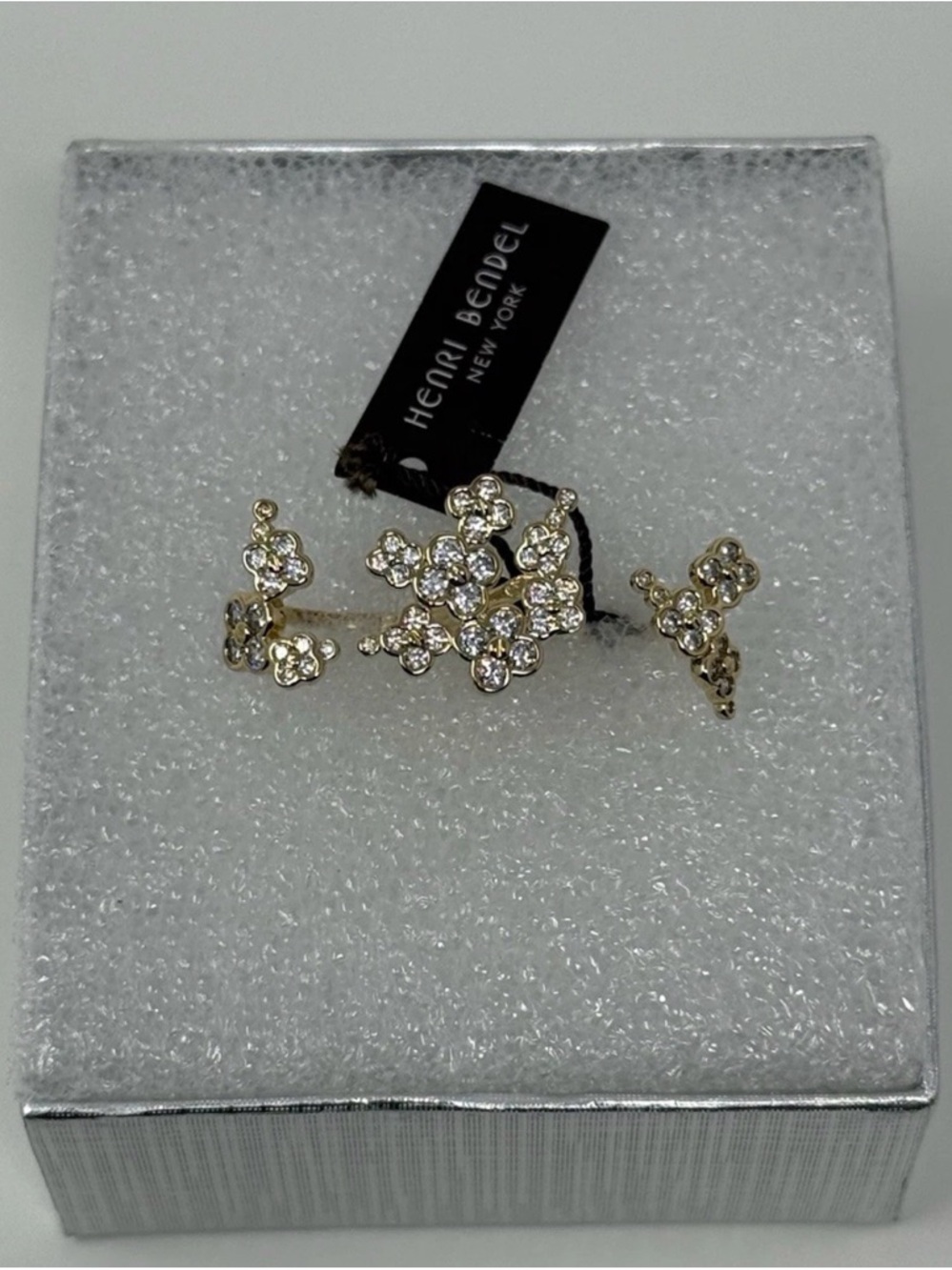 Henri Bendel double gold , petal cluster,crystals, size 4